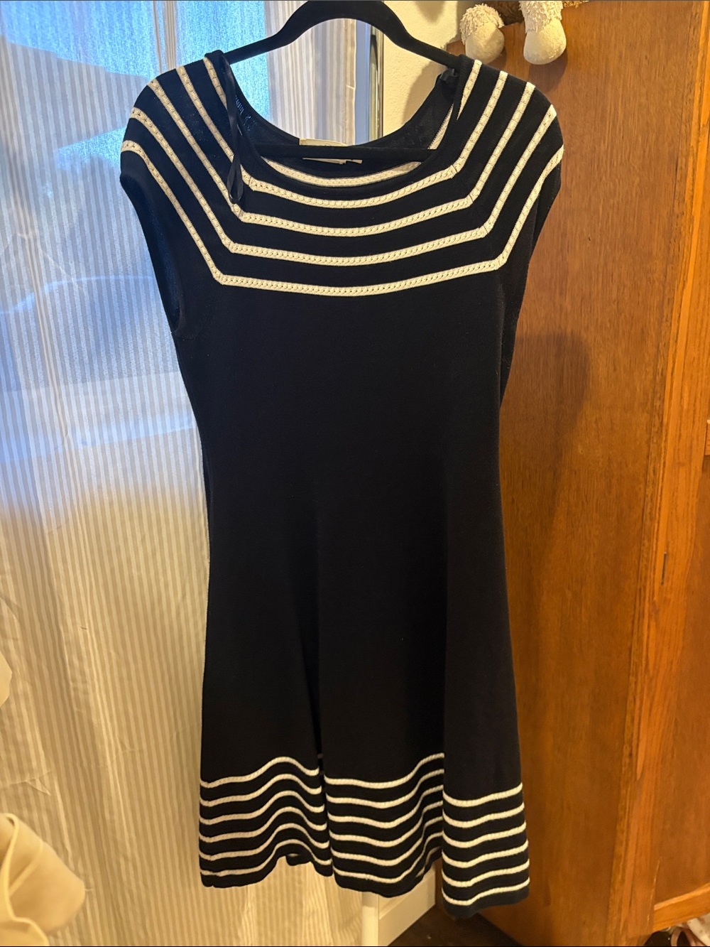Eliza J Black Dress with White Nautical Stripes